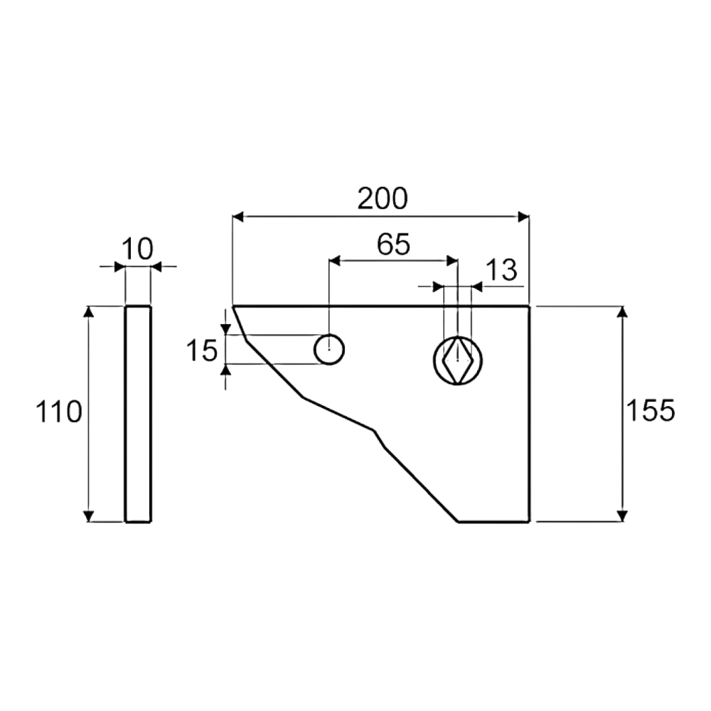Maßzeichnung: Anlagennase links 10 mm stark passend für Kuhn HB/HC, Vergleichs-Nr. 761107